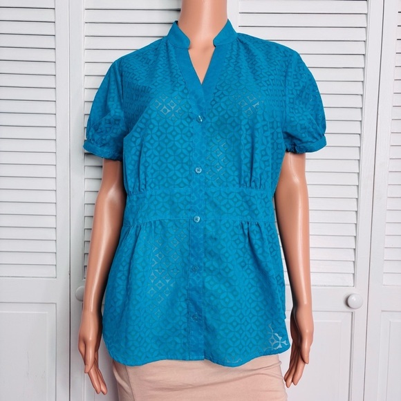 ATTENTION Semi Sheer Short Sleeve Button Down Blouse in Blue Size Large - Picture 1 of 8